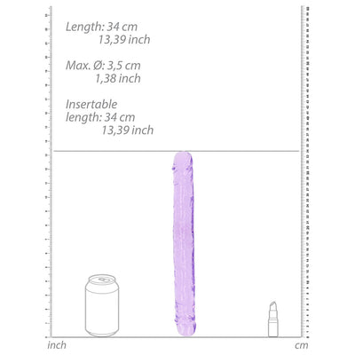 Clear purple double-ended dildo with measurements and size comparison to a soda can and lipstick.