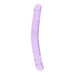 Crystal clear lavender double-ended dildo with realistic texture and flexible design.