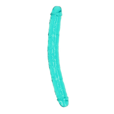 Crystal clear turquoise double-ended dildo with realistic texture and flexible design, 13 inches long.