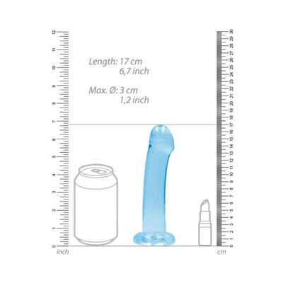 Blue crystal clear dildo with suction cup, shown next to a soda can and lipstick for size comparison.