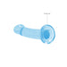 Blue crystal clear non-realistic dildo with suction cup base for hands-free use.