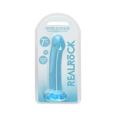Realrock crystal clear 7-inch non-realistic dildo with suction cup in blue packaging.