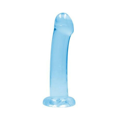 Crystal clear blue non-realistic dildo with suction cup base, 6.7 inches long, smooth and curved design.