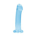 Crystal clear blue non-realistic dildo with suction cup base, 6.7 inches long, smooth and curved design.
