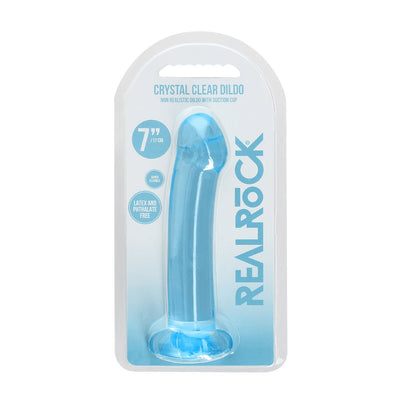 Realrock crystal clear flexible dildo with suction cup in blue packaging, 7 inches long, latex and phthalate free.