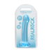 Realrock crystal clear flexible dildo with suction cup in blue packaging, 7 inches long, latex and phthalate free.