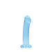 Crystal clear blue non-realistic dildo with suction cup base, 6.7 inches long, smooth curved design.