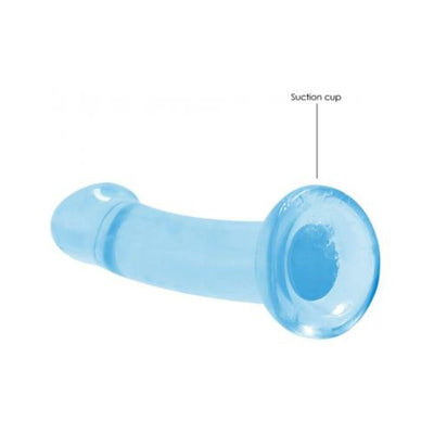 Blue crystal clear dildo with suction cup base for hands-free use, 6.7 inches long, made from body-safe TPE material.