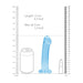 Blue crystal clear dildo with suction cup base, shown with size comparison to a soda can and lipstick.