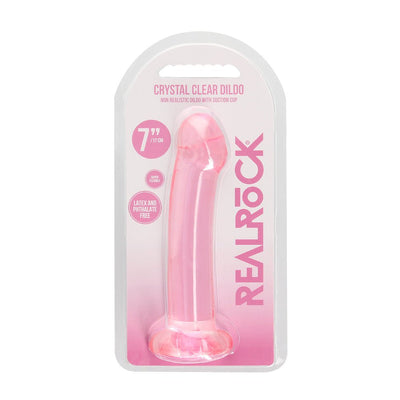 Crystal clear pink non-realistic dildo with suction cup in retail packaging, 7 inches long, flexible and phthalate-free.