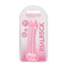 Crystal clear pink non-realistic dildo with suction cup in retail packaging, 7 inches long, flexible and phthalate-free.