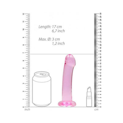 Pink crystal clear dildo with suction cup, shown next to a soda can and lipstick for size comparison, with measurement scales.