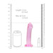 Pink crystal clear dildo with suction base, shown next to size comparison graphics and rulers in inches and centimeters.