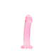 Pink crystal clear dildo with suction cup base, 6.7 inches, curved design for versatile use.