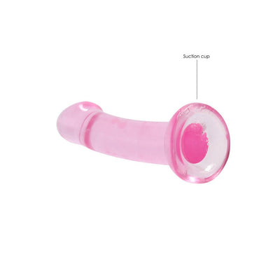 Pink crystal clear non-realistic dildo with suction cup base for hands-free use.