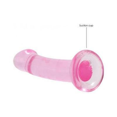 Pink crystal clear dildo with suction cup base for hands-free use, 6.7 inches long, smooth curved design.