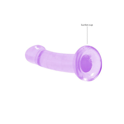 Purple translucent non-realistic dildo with suction cup base for hands-free use.