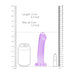 Purple crystal clear dildo with suction cup base shown next to a soda can and lipstick for size comparison.