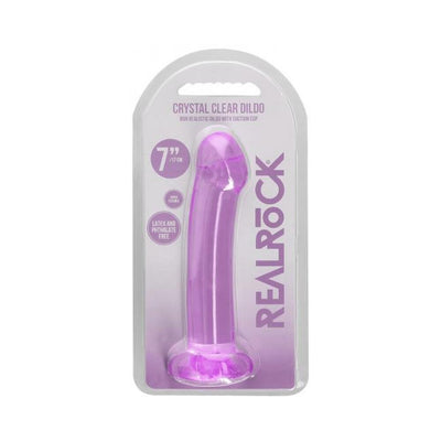 Purple crystal clear non-realistic dildo with suction cup in transparent packaging by Realrock, 7 inches long.