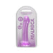 Purple crystal clear non-realistic dildo with suction cup in transparent packaging by Realrock, 7 inches long.