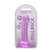 Purple crystal clear non-realistic dildo with suction cup in retail packaging by Realrock, 7 inches long