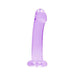 Purple crystal clear non-realistic dildo with suction cup base standing upright on white background