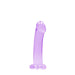 Crystal clear purple non-realistic dildo with suction cup base standing upright on white background