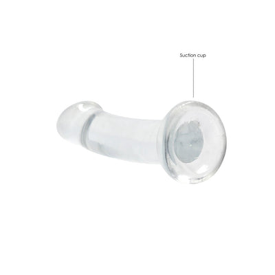Crystal clear non-realistic dildo with suction cup base for hands-free use, 6.7 inches long, flexible and smooth design.