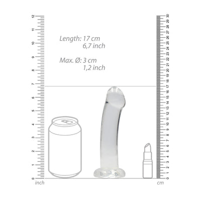 Clear 6.7-inch non-realistic dildo with suction cup, shown with size comparison to a can and lipstick.