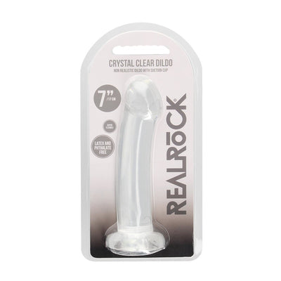 Realrock 7-inch crystal clear non-realistic dildo with suction cup in clear packaging.