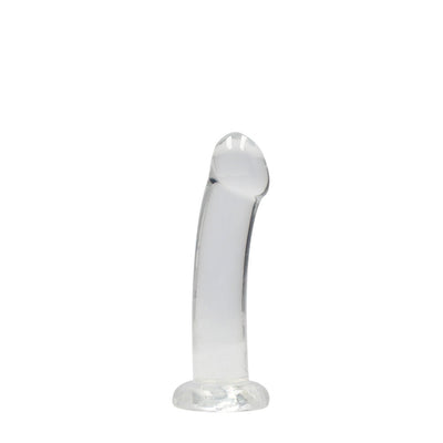 Crystal clear non-realistic dildo with suction cup base, 6.7 inches, standing upright on white background.