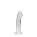 Crystal clear non-realistic dildo with suction cup base, 6.7 inches, standing upright on white background.