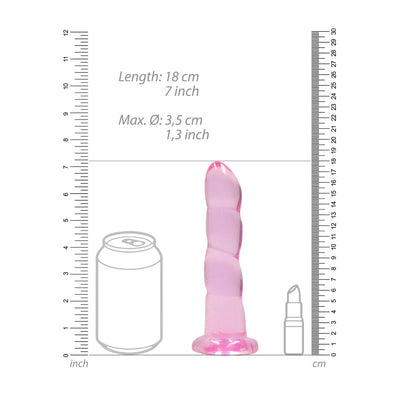 Pink crystal clear non-realistic dildo with suction cup, 7 inches long, shown with size comparison to a can and lipstick.