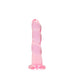 Pink crystal clear non-realistic dildo with suction cup base, 7 inches long, smooth textured design.
