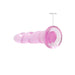 Pink crystal clear 7-inch non-realistic dildo with suction cup base for hands-free use.