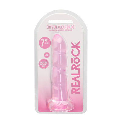 Pink crystal clear non-realistic dildo with suction cup in retail packaging, 7 inches long, flexible and body-safe.