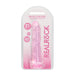 Pink crystal clear non-realistic dildo with suction cup in retail packaging, 7 inches long, flexible and body-safe.