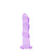 Purple crystal clear textured dildo with suction cup base, 7 inches long, standing upright on white background.