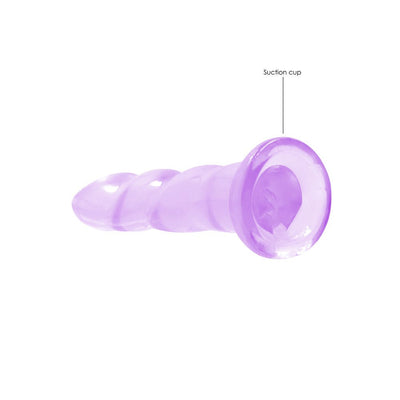 Purple crystal clear non-realistic dildo with suction cup base for hands-free use, 7 inches long.