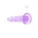 Purple crystal clear non-realistic dildo with suction cup base for hands-free use, 7 inches long.