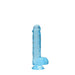 Blue crystal clear realistic dildo with suction base and detailed texture, 6 inches long with attached balls.