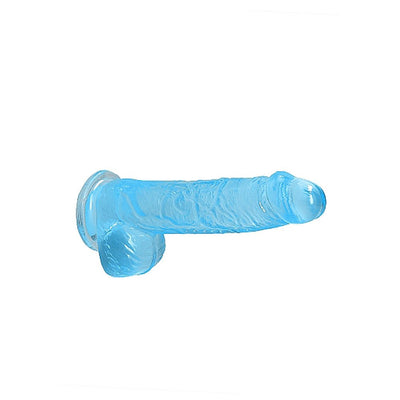 Blue crystal clear realistic dildo with suction cup base and textured surface, 6 inches long with balls.