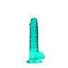 Crystal clear teal realistic dildo with suction cup base and detailed texture, 7 inches long with balls.