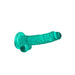 Crystal clear teal realistic dildo with suction cup base and textured detailing, 7 inches long with balls.