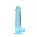 Blue crystal clear realistic dildo with suction cup base and detailed texture.