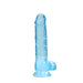 Blue crystal clear realistic dildo with suction cup base and detailed texture.