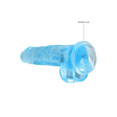 Blue crystal clear realistic dildo with suction cup and detailed texture on a white background.