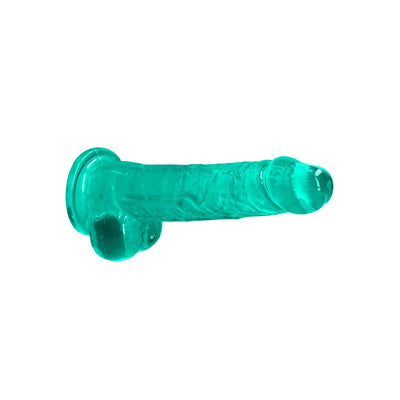 Turquoise crystal clear realistic dildo with suction base and detailed texture, 8 inches long.