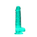 Turquoise crystal clear realistic dildo with suction cup base and detailed texture standing upright on white background.