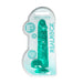 Turquoise crystal clear realistic dildo with suction cup and balls in retail packaging, 8-inch flexible design.